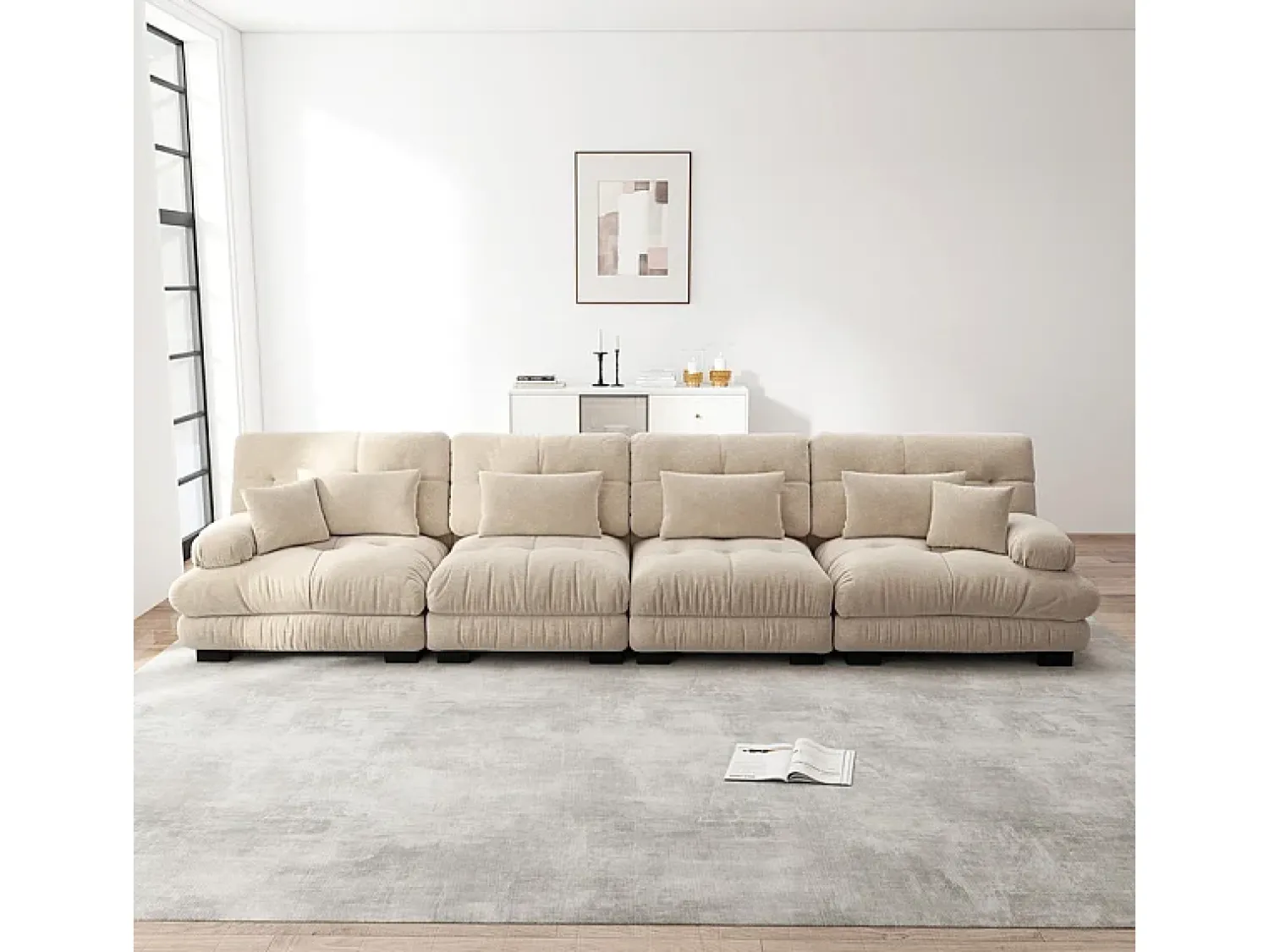 Sale DripeX Sofá 4 lugares tecido pelúcia - com 6 almofadas - estrutura madeira maciça - 406x77x81cm Bege