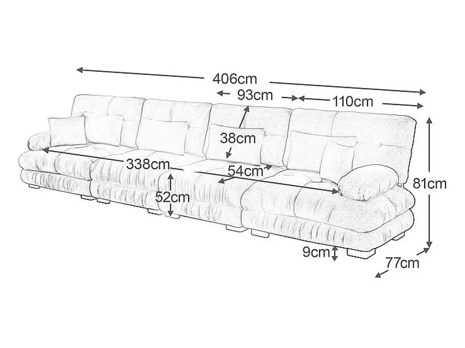Sale DripeX Sofá 4 lugares tecido pelúcia - com 6 almofadas - estrutura madeira maciça - 406x77x81cm Bege