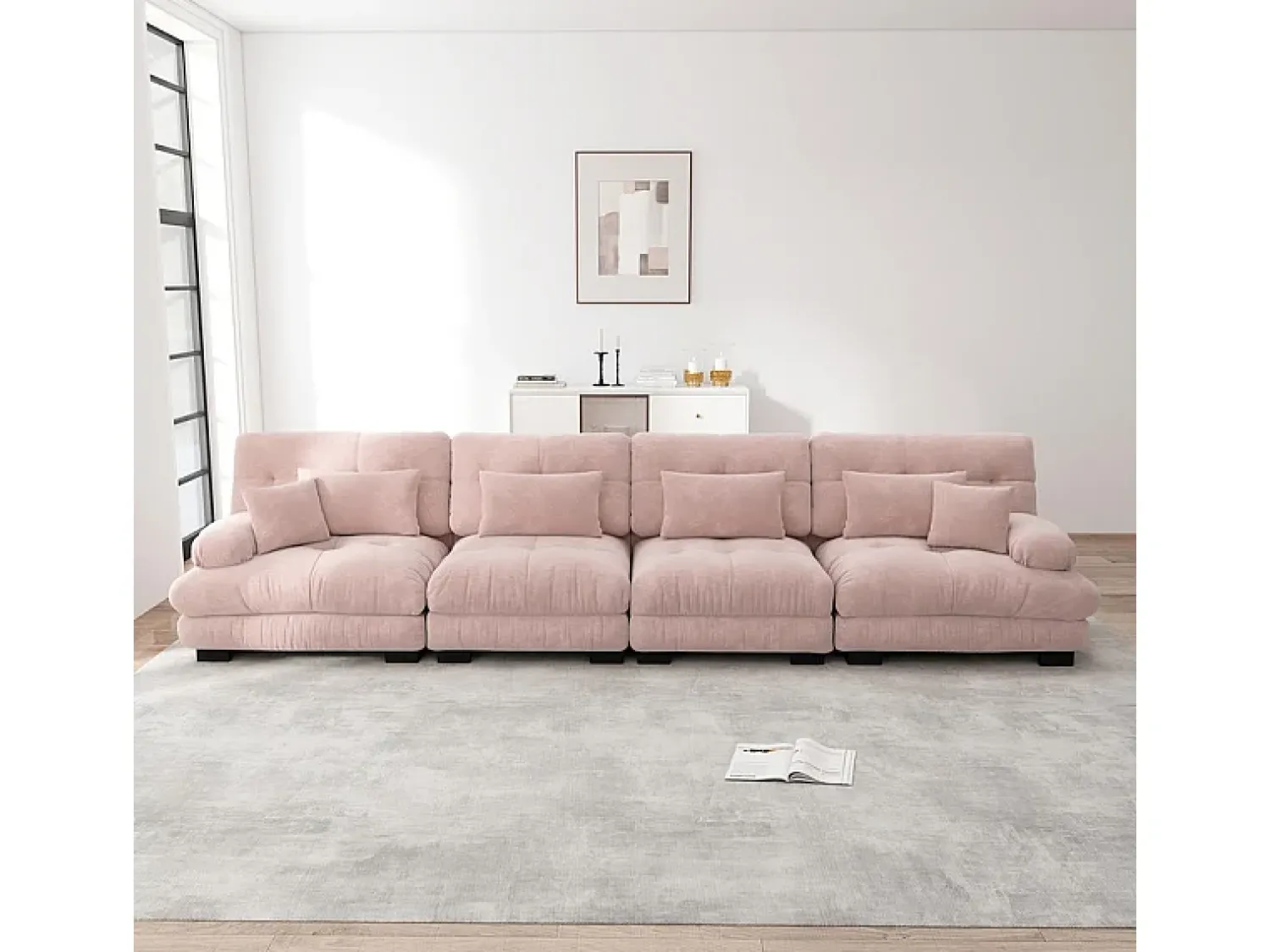 Sofá*DripeX Sofá 4 lugares tecido pelúcia - com 6 almofadas - estrutura madeira maciça - 406x77x81cm Rosa