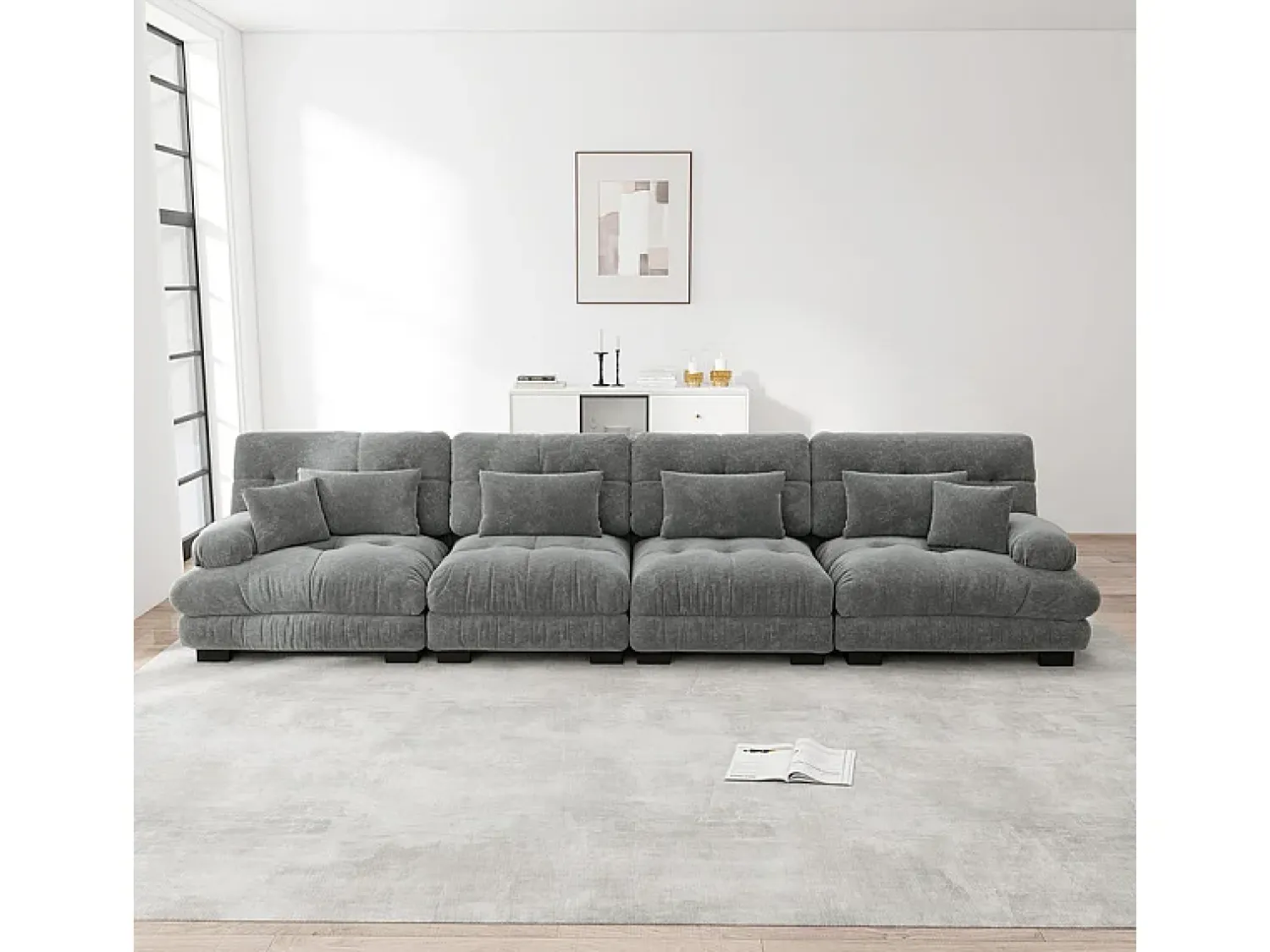 Sofá|DripeX Sofá 4 lugares tecido pelúcia cinza - com 6 almofadas - estrutura madeira maciça - 406x77x81cm Cinzento