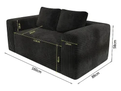 Sofá*DripeX Sofá 2 Lugares, Veludo canelado , 65cm prof. assento, 2 almofadas, 160x88x58cm Preto