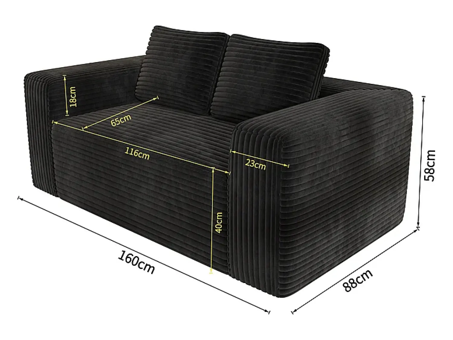 Sofá*DripeX Sofá 2 Lugares, Veludo canelado , 65cm prof. assento, 2 almofadas, 160x88x58cm Preto