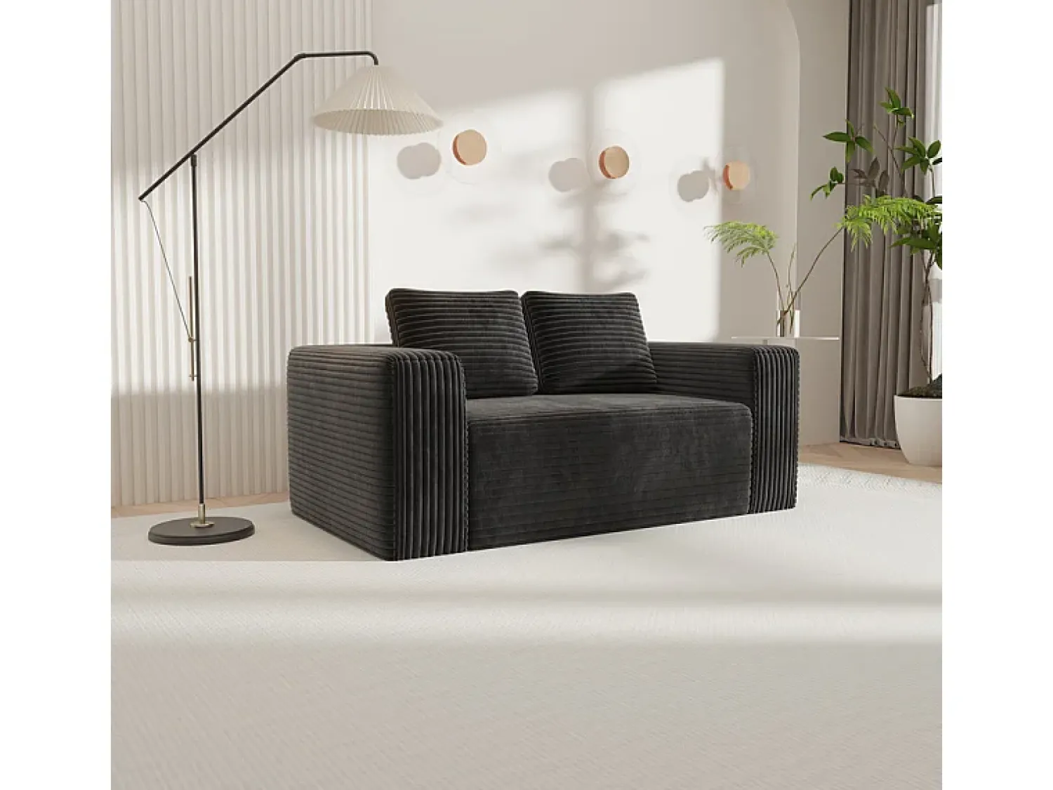 Sofá*DripeX Sofá 2 Lugares, Veludo canelado , 65cm prof. assento, 2 almofadas, 160x88x58cm Preto