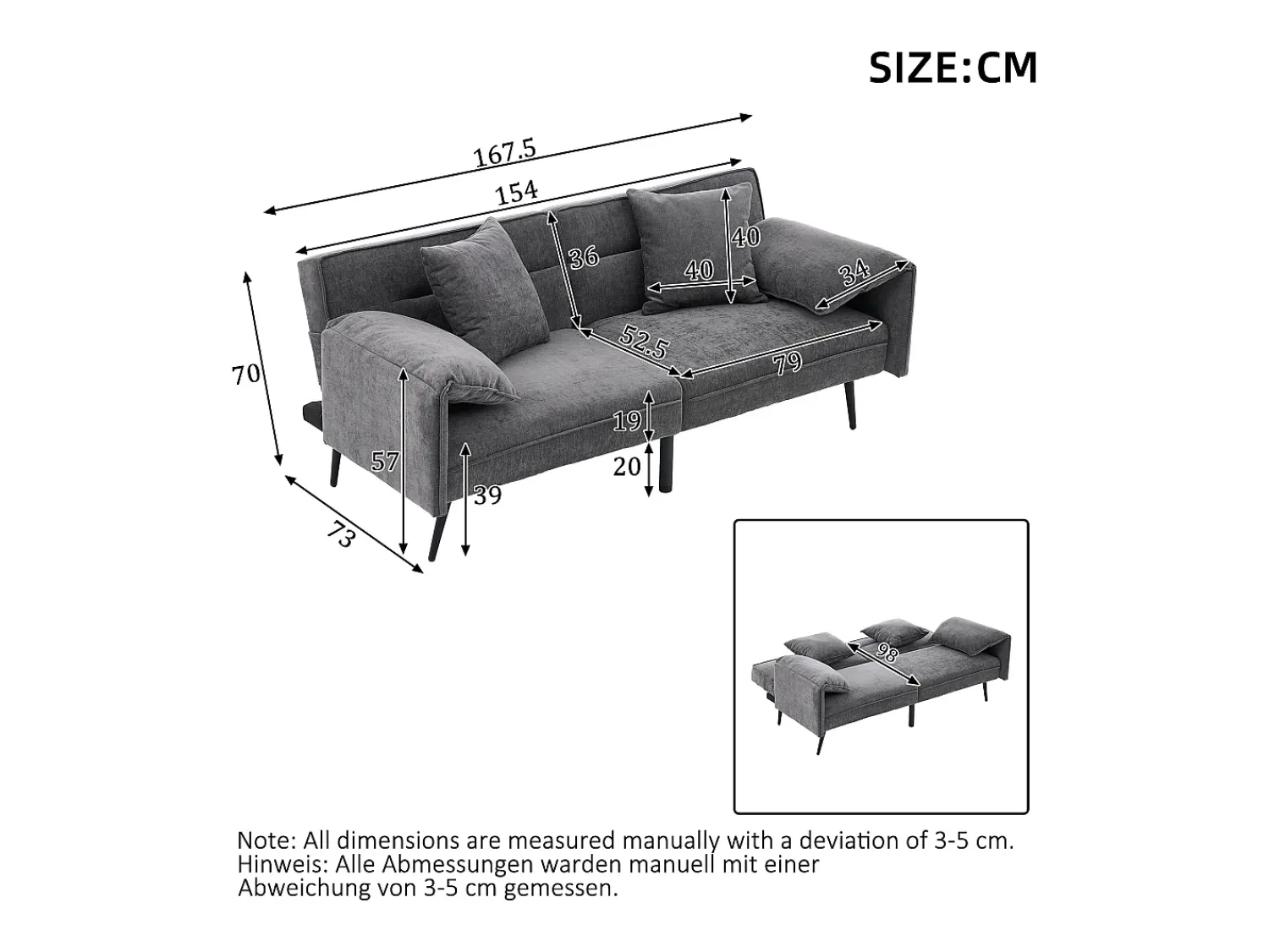 Clearance ModernLuxe Sofá 2 lugares 167.5x73x70 cm - encosto inclinável três posições (100°–180°) - almofadas de assento macias - cinza Cinzento