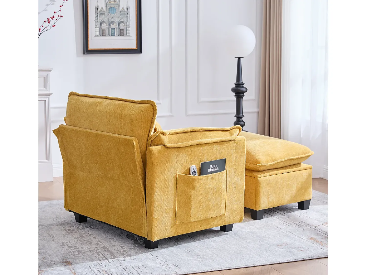 Sofá com bolsos laterais e apoio para os pés - Chenille - para sala de estar e quarto^ Sofá