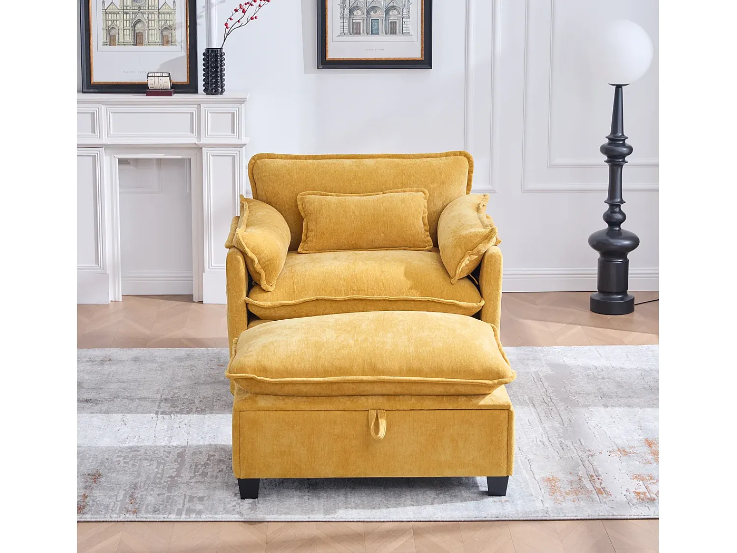 Sofá com bolsos laterais e apoio para os pés - Chenille - para sala de estar e quarto^ Sofá