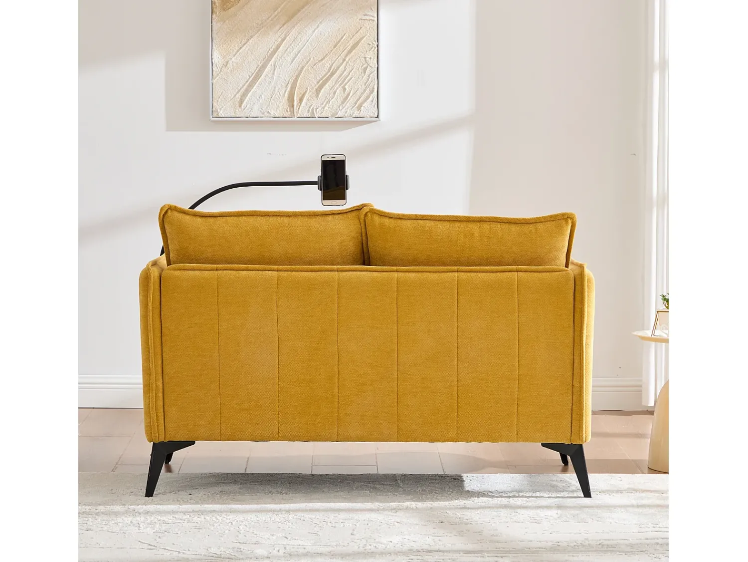 Sofá* Sofá de 2 lugares - com compartimentos laterais para arrumação e suporte para telemóvel - chenille - para sala de estar e quarto Amarelo
