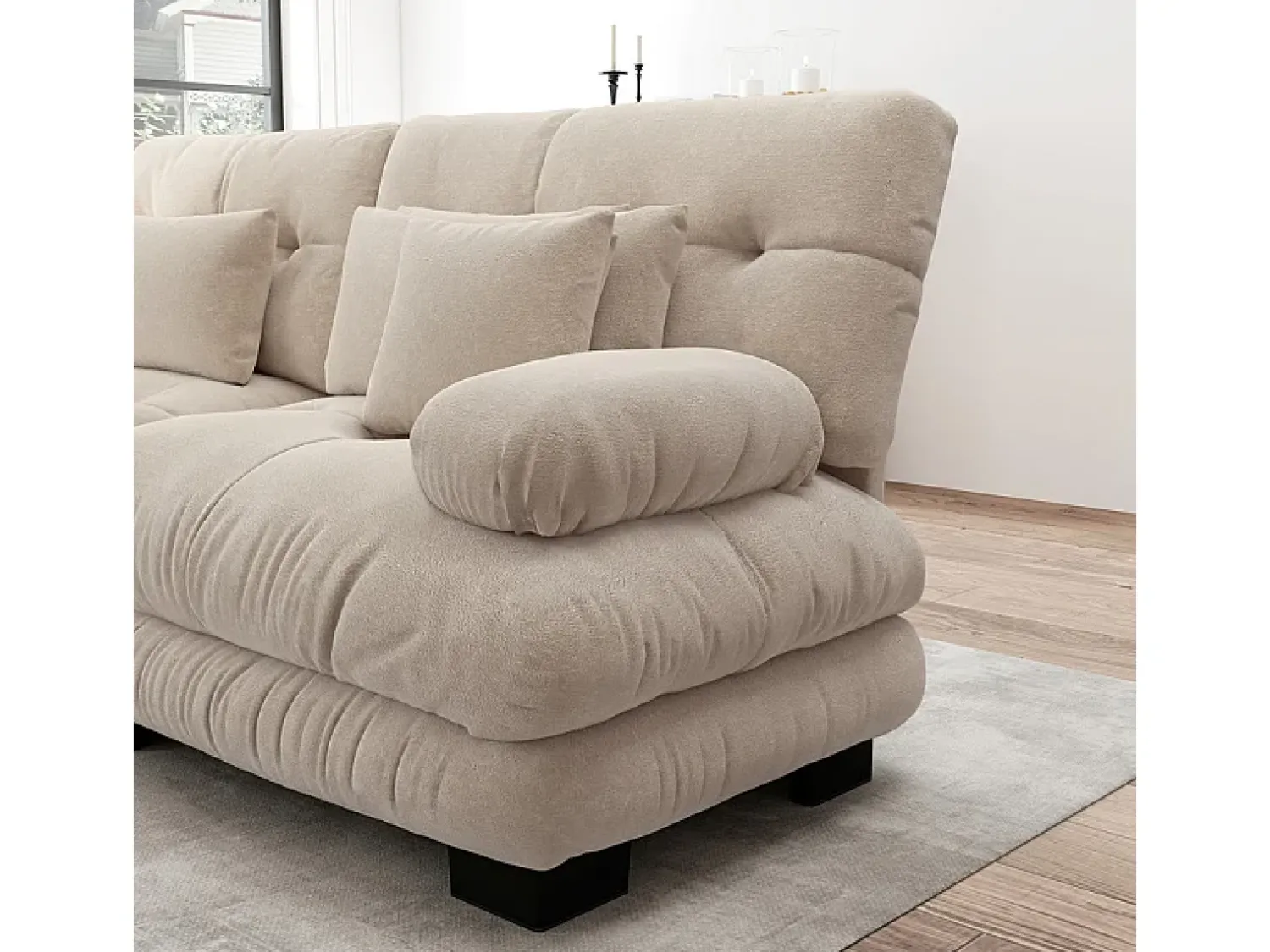 DripeX Sofá angular 4 lugares em tecido Chenille, com 6 almofadas, puff removível, combinação DIY, 406x145x81cm, Cinza Cinzento