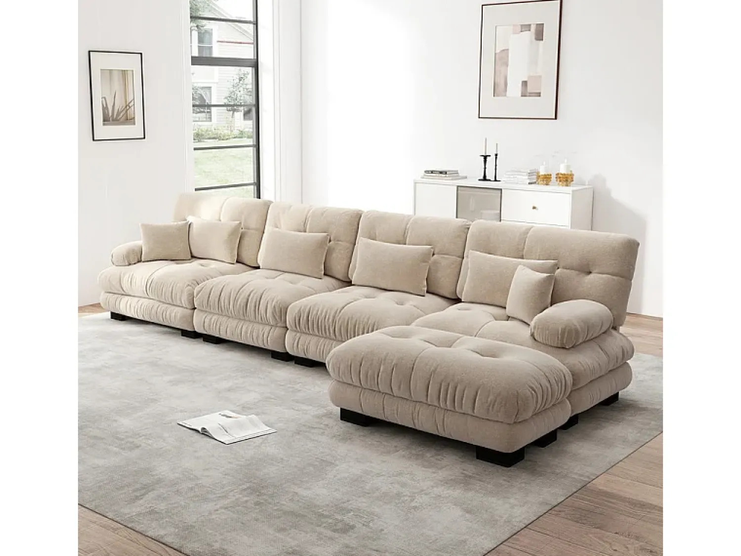 DripeX Sofá angular 4 lugares em tecido Chenille, com 6 almofadas, puff removível, combinação DIY, 406x145x81cm, Cinza Cinzento