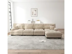 DripeX Sofá angular 4 lugares em tecido Chenille, com 6 almofadas, puff removível, combinação DIY, 406x145x81cm, Cinza Cinzento