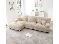 Sofá*DripeX Sofá angular 3 lugares em tecido Chenille, com 5 almofadas, puff removível, combinação DIY, 313x145x81cm, Bege
