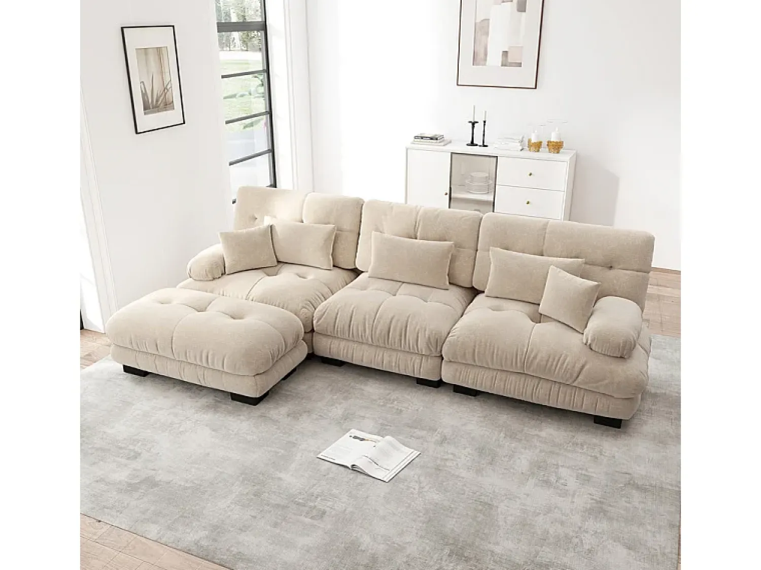 Sofá*DripeX Sofá angular 3 lugares em tecido Chenille, com 5 almofadas, puff removível, combinação DIY, 313x145x81cm, Bege