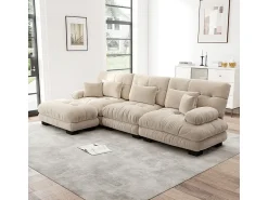 Sofá*DripeX Sofá angular 3 lugares em tecido Chenille, com 5 almofadas, puff removível, combinação DIY, 313x145x81cm, Bege