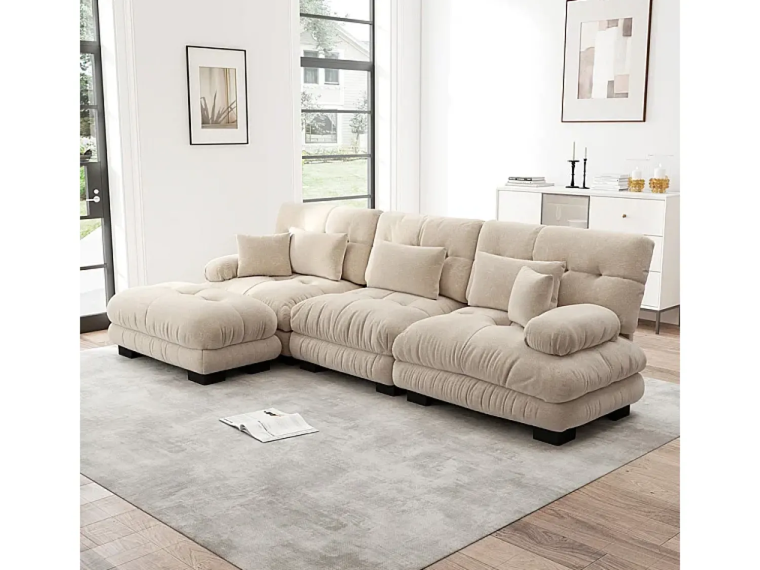 Sofá*DripeX Sofá angular 3 lugares em tecido Chenille, com 5 almofadas, puff removível, combinação DIY, 313x145x81cm, Bege