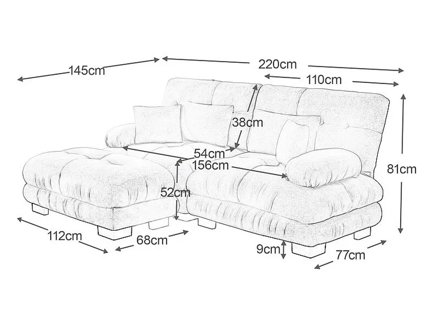 Sofá|DripeX Sofá angular 2 lugares em tecido Chenille, com 4 almofadas, puff removível, combinação DIY, 220x145x81cm, Rosa