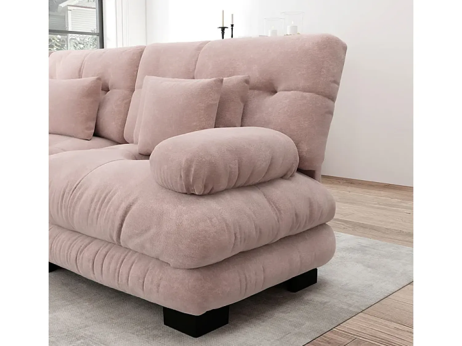Sofá|DripeX Sofá angular 2 lugares em tecido Chenille, com 4 almofadas, puff removível, combinação DIY, 220x145x81cm, Rosa