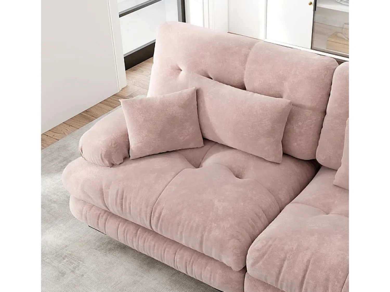 Sofá|DripeX Sofá angular 2 lugares em tecido Chenille, com 4 almofadas, puff removível, combinação DIY, 220x145x81cm, Rosa