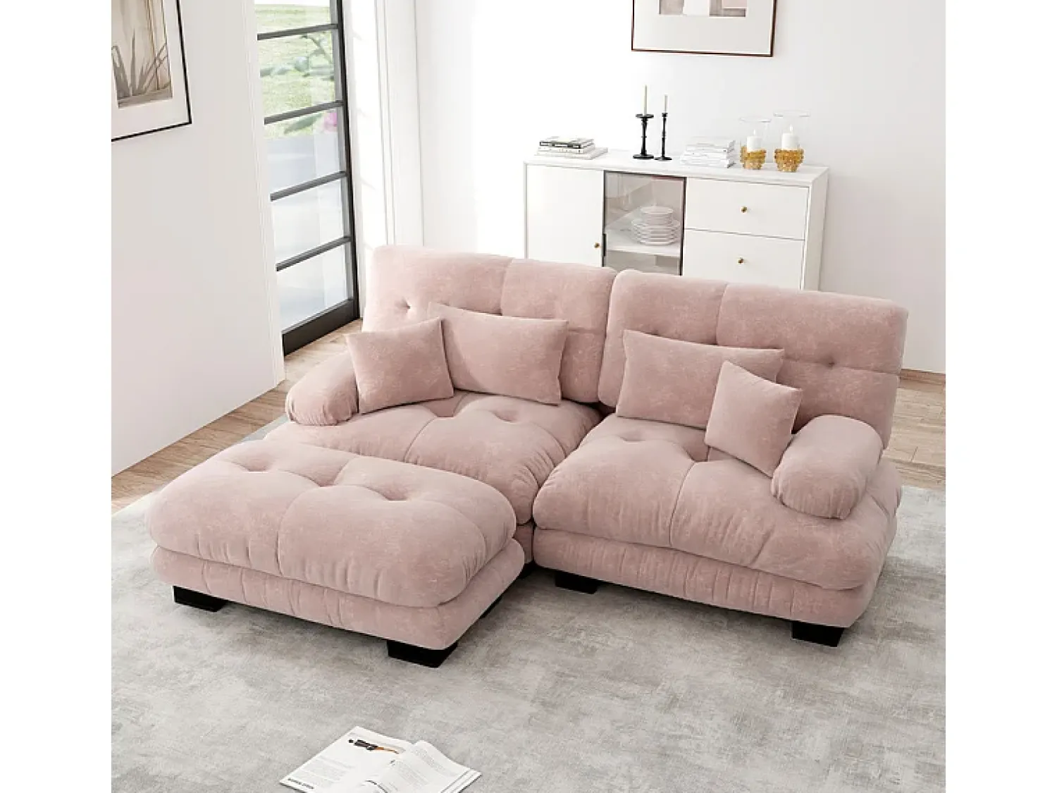 Sofá|DripeX Sofá angular 2 lugares em tecido Chenille, com 4 almofadas, puff removível, combinação DIY, 220x145x81cm, Rosa