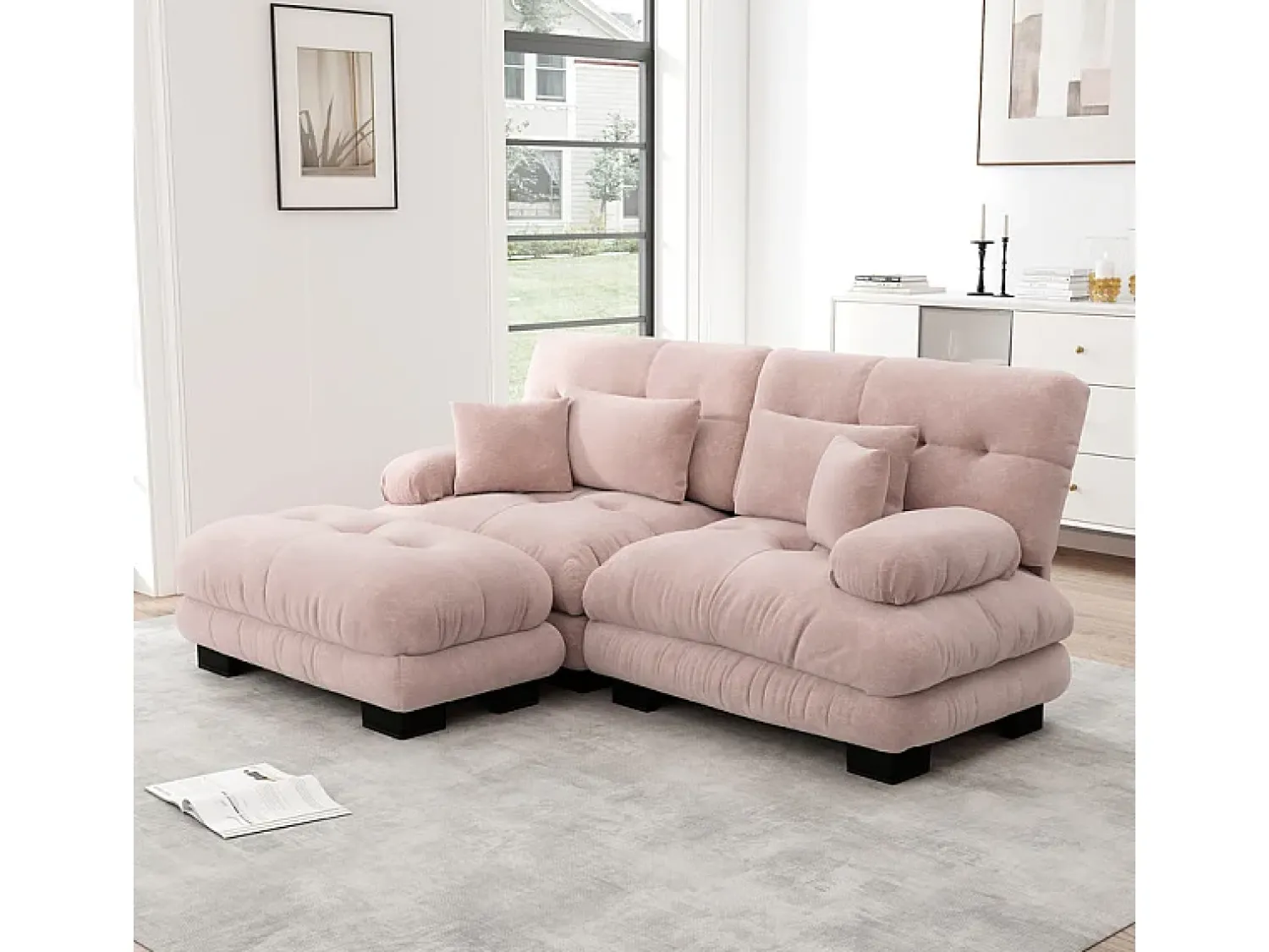 Sofá|DripeX Sofá angular 2 lugares em tecido Chenille, com 4 almofadas, puff removível, combinação DIY, 220x145x81cm, Rosa