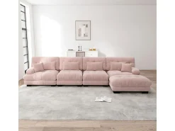 Sofá*DripeX Sofá angular 4 lugares em tecido Chenille, com 6 almofadas, puff removível, combinação DIY, 406x145x81cm, Rosa Cinzento