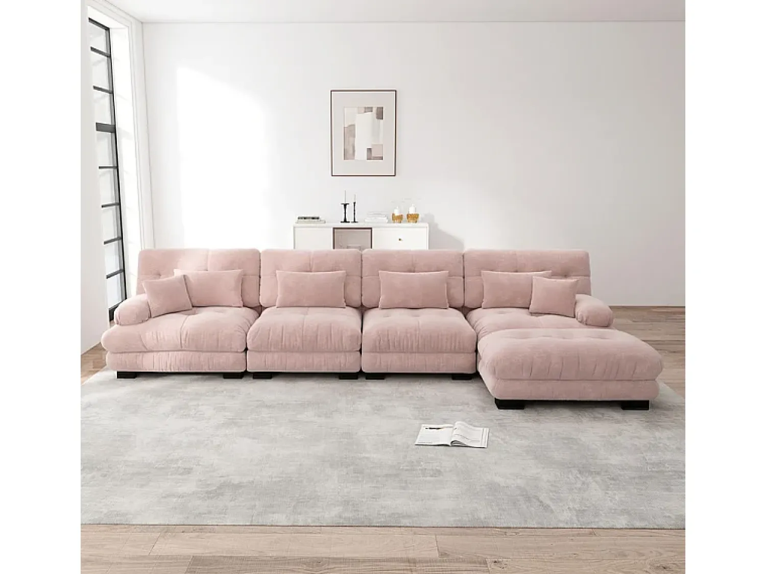 Sofá*DripeX Sofá angular 4 lugares em tecido Chenille, com 6 almofadas, puff removível, combinação DIY, 406x145x81cm, Rosa Cinzento