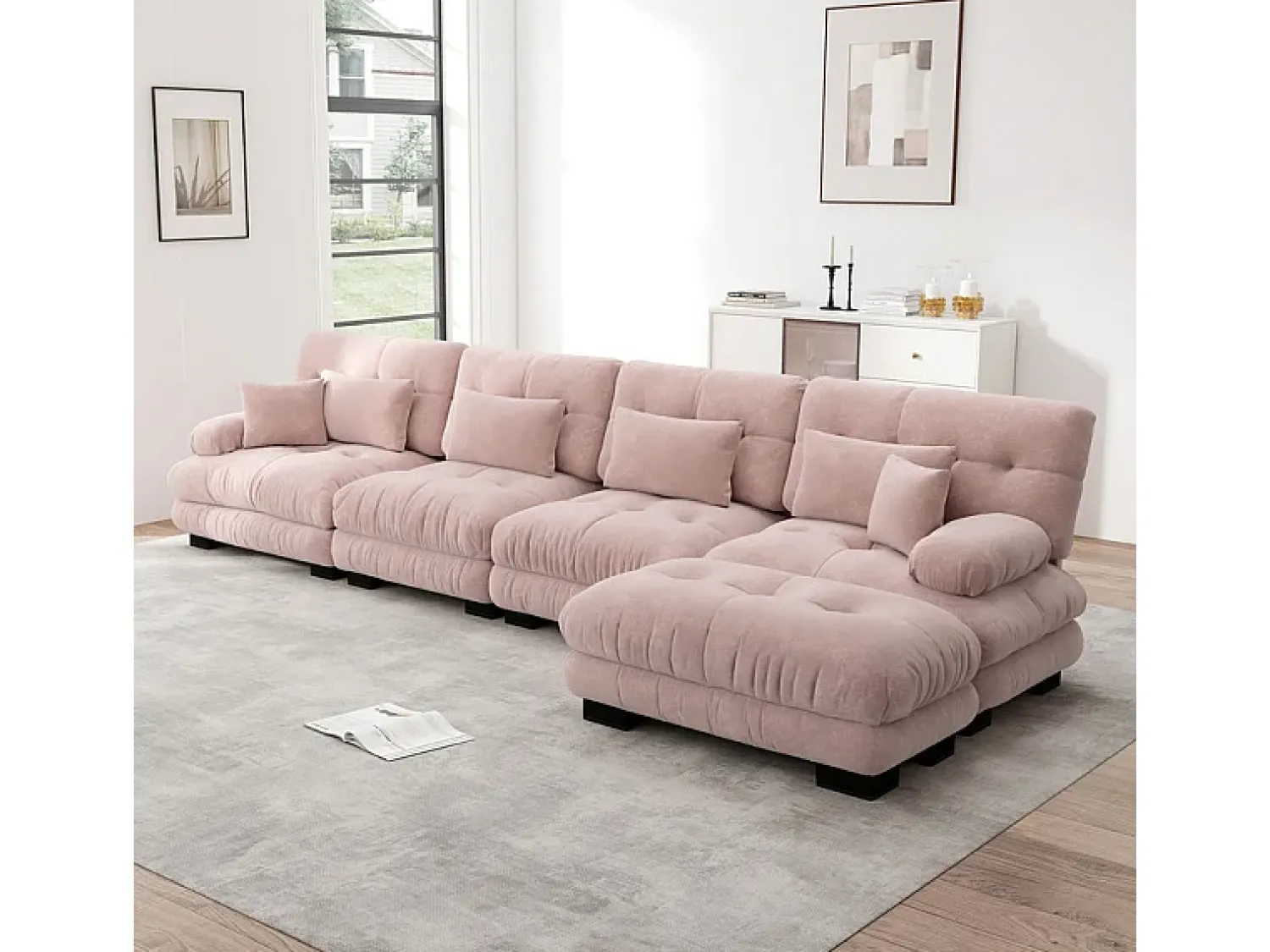 Sofá*DripeX Sofá angular 4 lugares em tecido Chenille, com 6 almofadas, puff removível, combinação DIY, 406x145x81cm, Rosa Cinzento