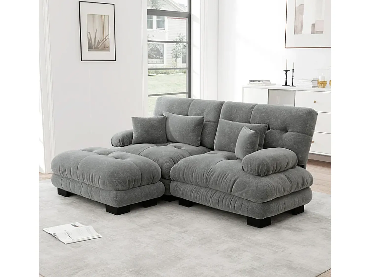 DripeX Sofá angular 2 lugares em tecido Chenille, com 4 almofadas, puff removível, combinação DIY, 220x145x81cm, Cinza^ Sofá