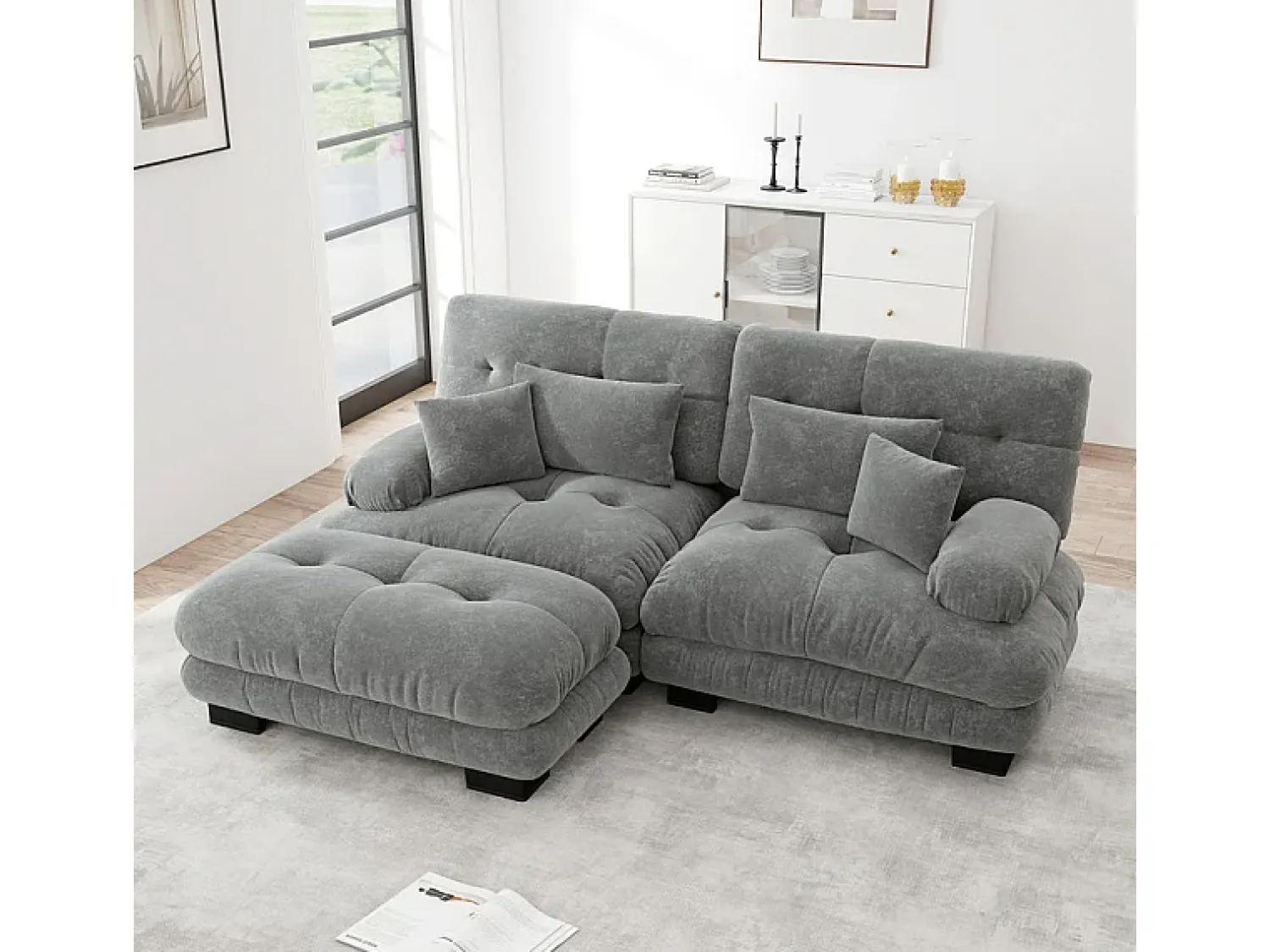 DripeX Sofá angular 2 lugares em tecido Chenille, com 4 almofadas, puff removível, combinação DIY, 220x145x81cm, Cinza^ Sofá