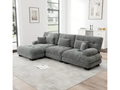 DripeX Sofá angular 3 lugares em tecido Chenille, com 5 almofadas, puff removível, combinação DIY, 313x145x81cm, Cinza^ Sofá