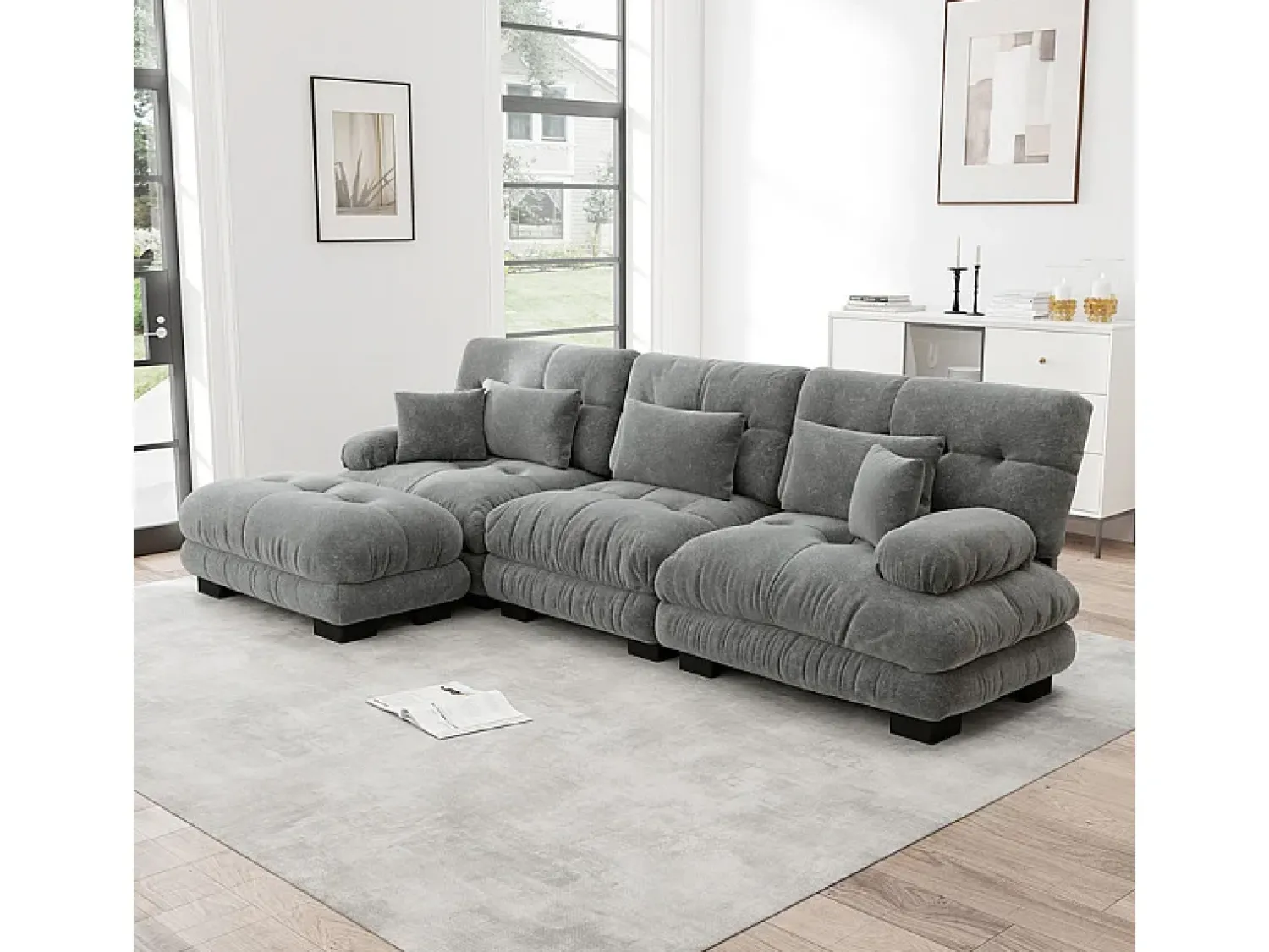 DripeX Sofá angular 3 lugares em tecido Chenille, com 5 almofadas, puff removível, combinação DIY, 313x145x81cm, Cinza^ Sofá