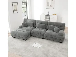 DripeX Sofá angular 3 lugares em tecido Chenille, com 5 almofadas, puff removível, combinação DIY, 313x145x81cm, Cinza^ Sofá