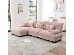Sofá*DripeX Sofá angular 3 lugares em tecido Chenille, com 5 almofadas, puff removível, combinação DIY, 313x145x81cm, Rosa