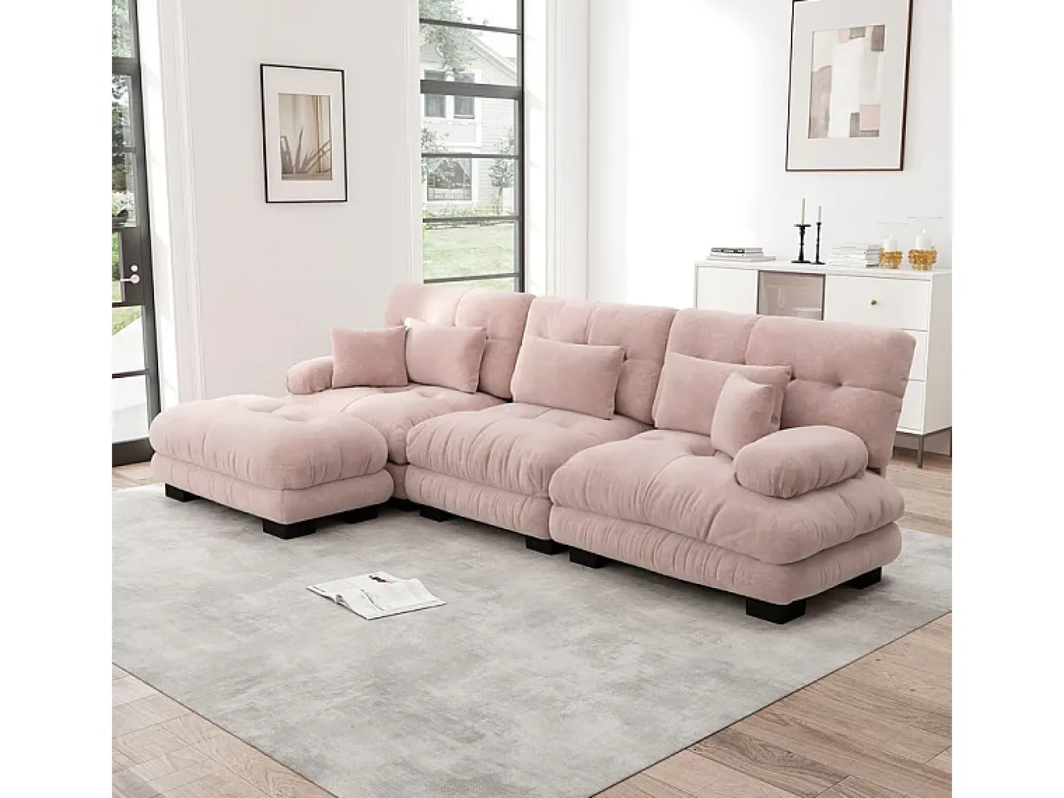 Sofá*DripeX Sofá angular 3 lugares em tecido Chenille, com 5 almofadas, puff removível, combinação DIY, 313x145x81cm, Rosa