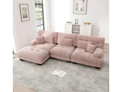 Sofá*DripeX Sofá angular 3 lugares em tecido Chenille, com 5 almofadas, puff removível, combinação DIY, 313x145x81cm, Rosa