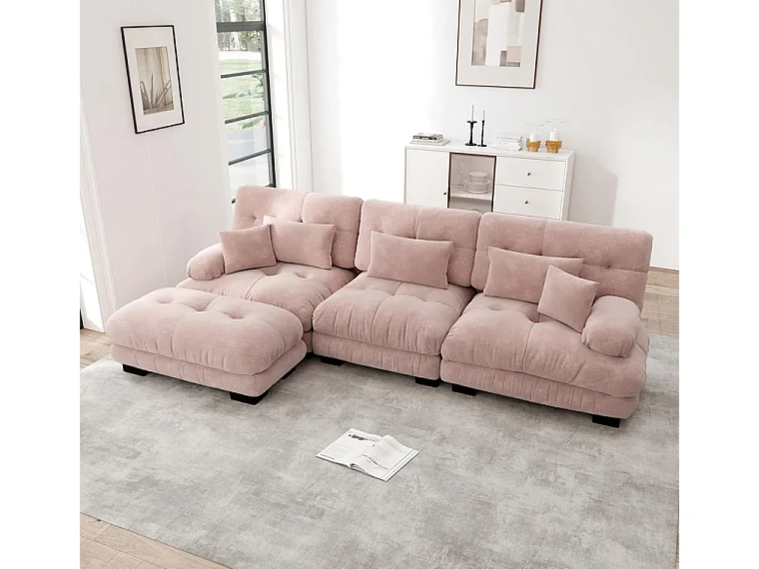 Sofá*DripeX Sofá angular 3 lugares em tecido Chenille, com 5 almofadas, puff removível, combinação DIY, 313x145x81cm, Rosa