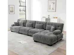 Discount DripeX Sofá angular 4 lugares em tecido Chenille, com 6 almofadas, puff removível, combinação DIY, 406x145x81cm, Bege