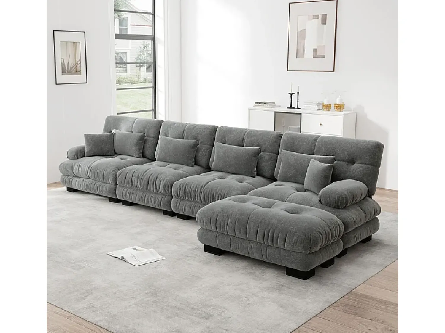 Discount DripeX Sofá angular 4 lugares em tecido Chenille, com 6 almofadas, puff removível, combinação DIY, 406x145x81cm, Bege