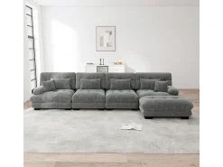 Discount DripeX Sofá angular 4 lugares em tecido Chenille, com 6 almofadas, puff removível, combinação DIY, 406x145x81cm, Bege