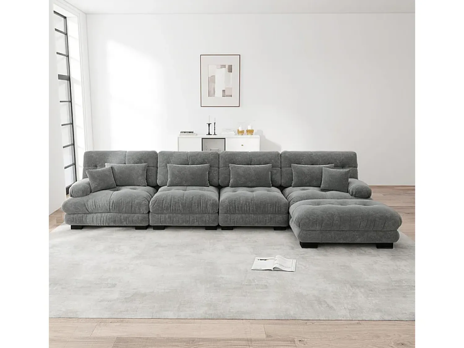Discount DripeX Sofá angular 4 lugares em tecido Chenille, com 6 almofadas, puff removível, combinação DIY, 406x145x81cm, Bege