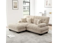 Sofá*DripeX Sofá angular 2 lugares em tecido Chenille, com 4 almofadas, puff removível, combinação DIY, 220x145x81cm, Bege