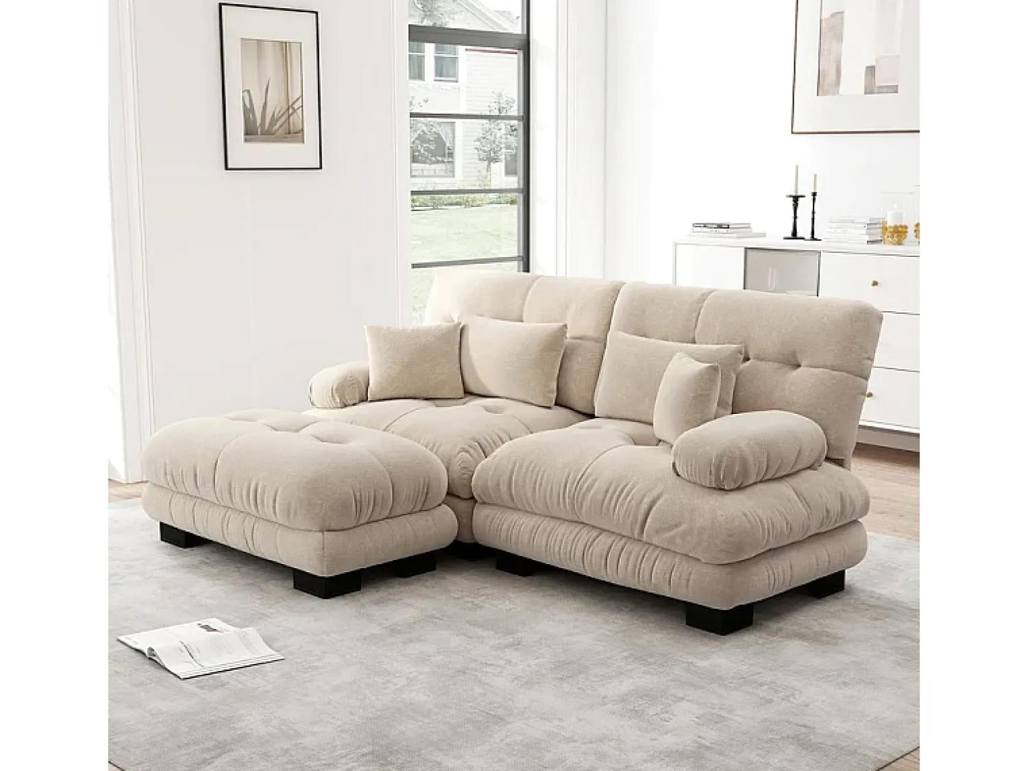 Sofá*DripeX Sofá angular 2 lugares em tecido Chenille, com 4 almofadas, puff removível, combinação DIY, 220x145x81cm, Bege