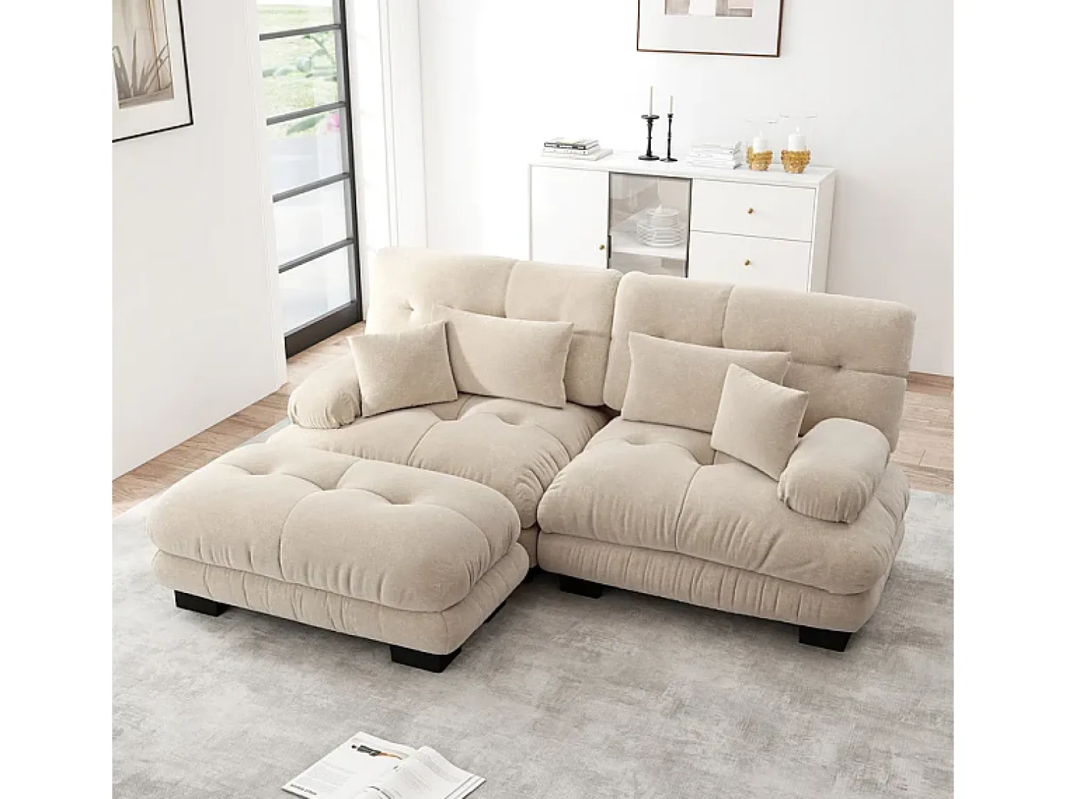 Sofá*DripeX Sofá angular 2 lugares em tecido Chenille, com 4 almofadas, puff removível, combinação DIY, 220x145x81cm, Bege