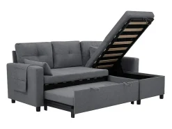 Sofá|DripeX Sofá angular conversível em veludo - 3 lugares - com armazenamento, porta-copos de aço inoxidável - 205x139x87cm - Cinza Cinzento
