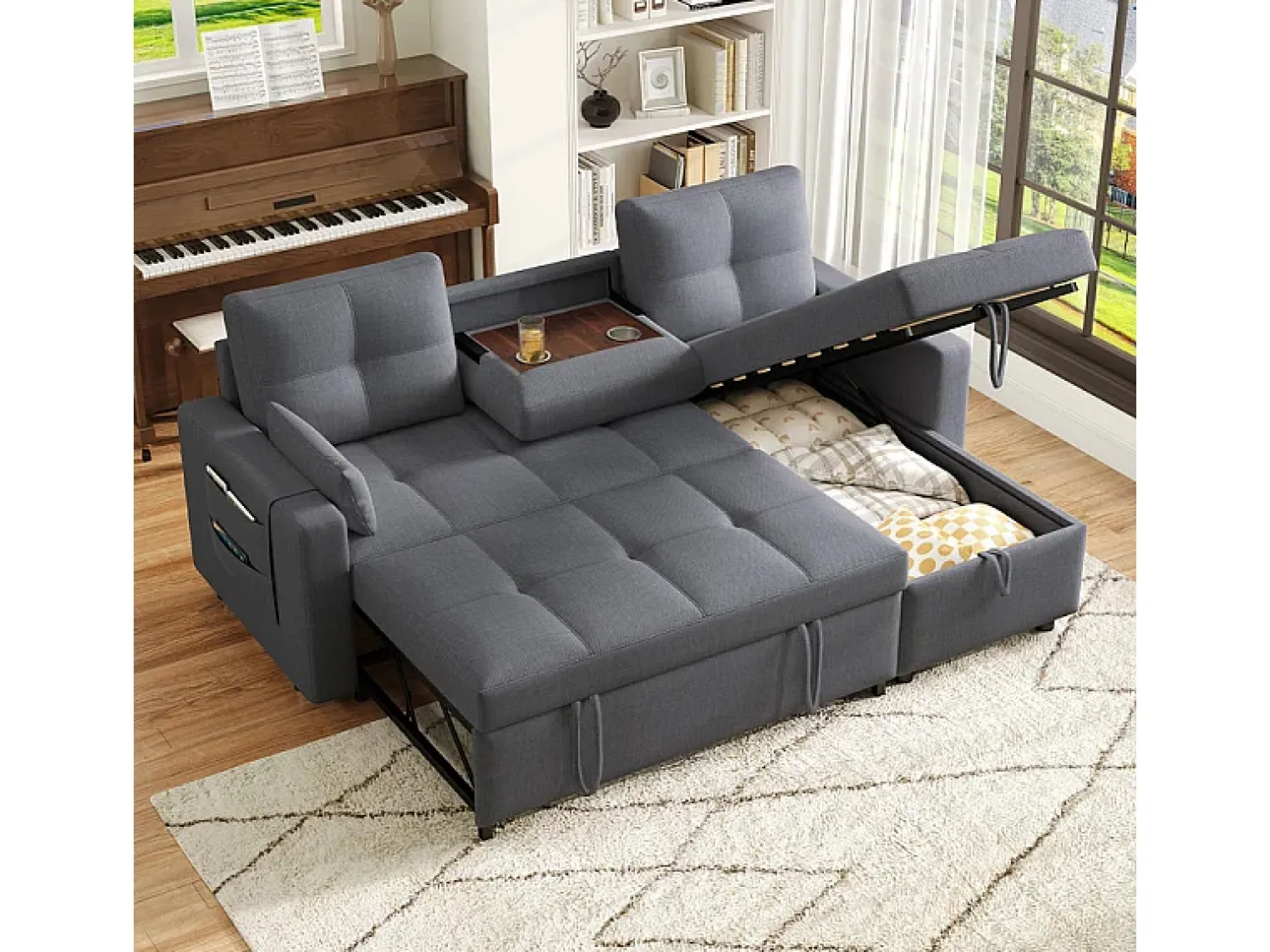Sofá|DripeX Sofá angular conversível em veludo - 3 lugares - com armazenamento, porta-copos de aço inoxidável - 205x139x87cm - Cinza Cinzento