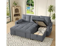 Sofá|DripeX Sofá angular conversível em veludo - 3 lugares - com armazenamento, porta-copos de aço inoxidável - 205x139x87cm - Cinza Cinzento