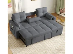 Sofá|DripeX Sofá angular conversível em veludo - 3 lugares - com armazenamento, porta-copos de aço inoxidável - 205x139x87cm - Cinza Cinzento