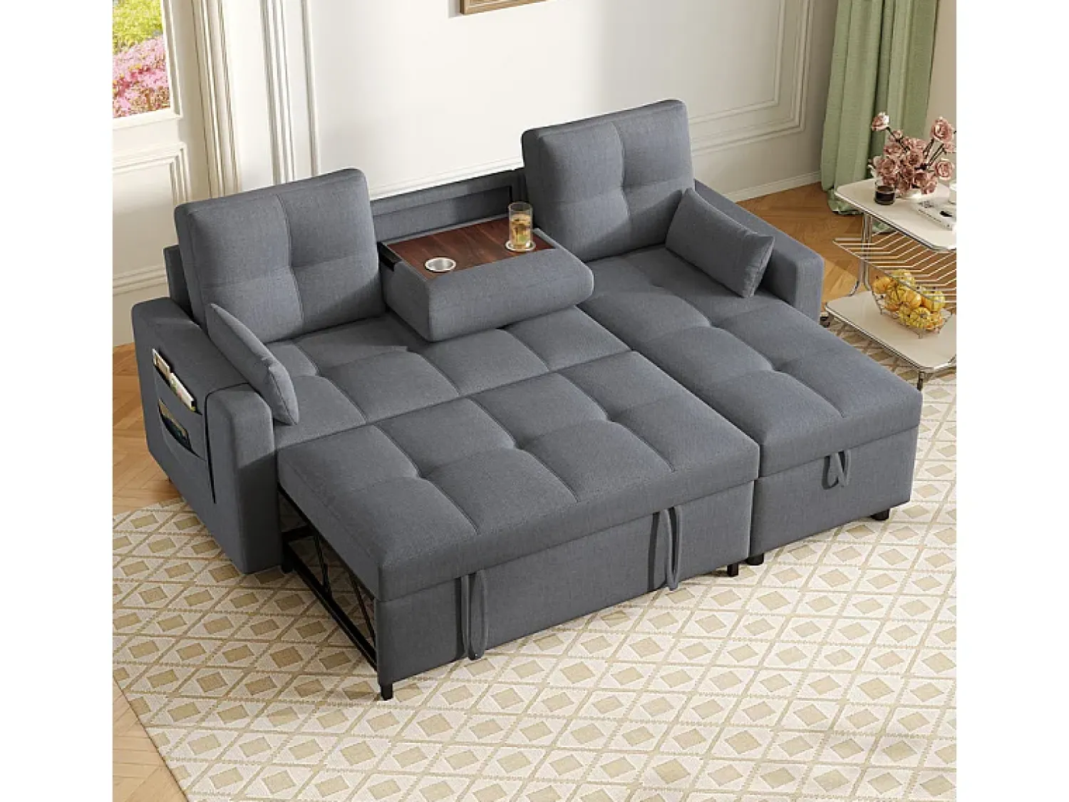 Sofá|DripeX Sofá angular conversível em veludo - 3 lugares - com armazenamento, porta-copos de aço inoxidável - 205x139x87cm - Cinza Cinzento