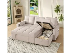 Sofá|DripeX Sofá angular conversível em veludo - 3 lugares - com armazenamento, porta-copos de aço inoxidável - 205x139x87cm - Bege