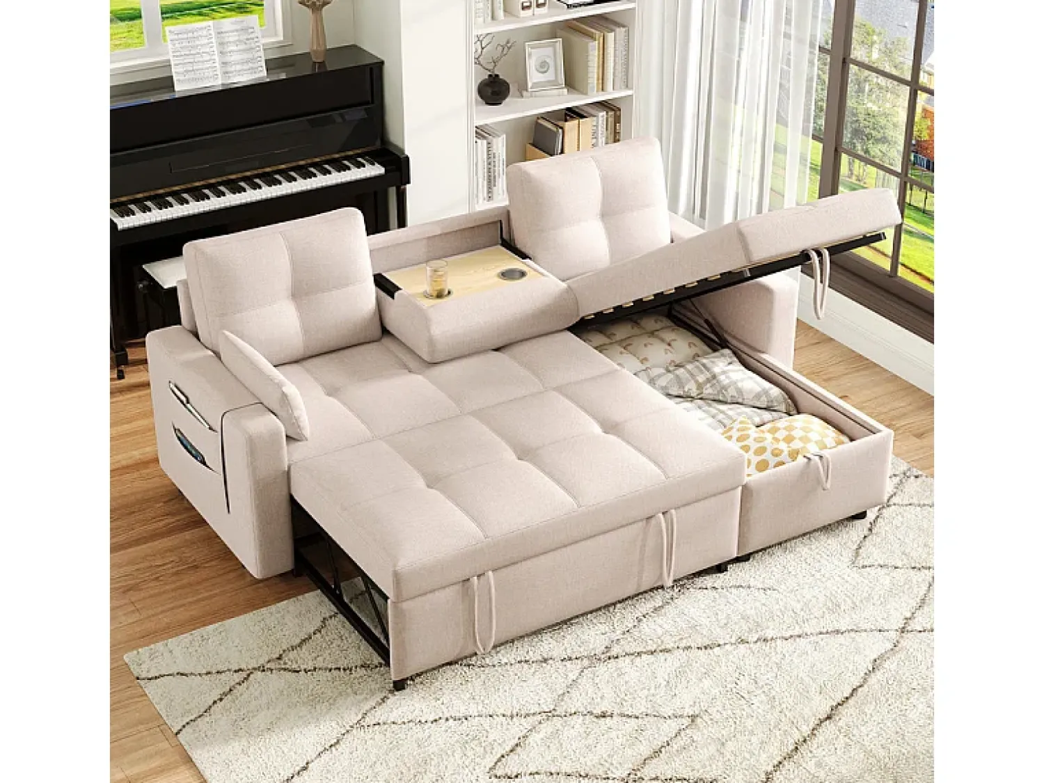 Sofá|DripeX Sofá angular conversível em veludo - 3 lugares - com armazenamento, porta-copos de aço inoxidável - 205x139x87cm - Bege