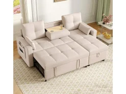 Sofá|DripeX Sofá angular conversível em veludo - 3 lugares - com armazenamento, porta-copos de aço inoxidável - 205x139x87cm - Bege